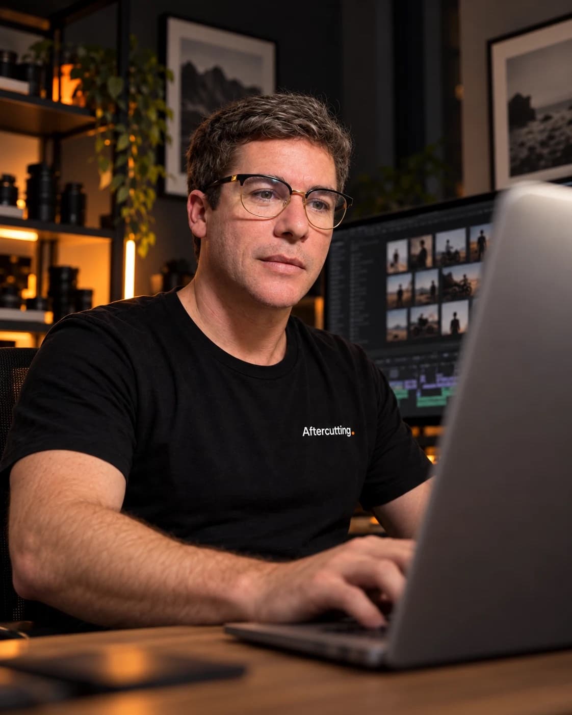 Dellano Sanz trabalhando em seu estúdio, diante do notebook e do monitor com fotos